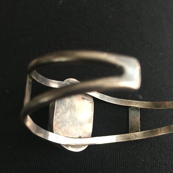 Native American Indian Inlay Silver Bracelet: Quartz, Obsidian, Turquoise, Coral - Picture 4 of 8